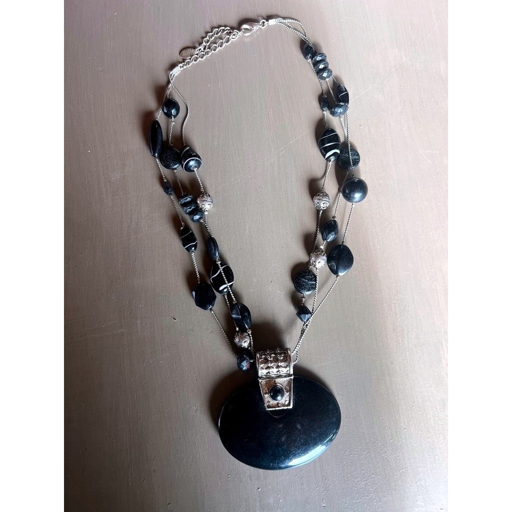 Bijoux Terner Multi Strand Statement Necklace Black Silver Pendant Bold Goth